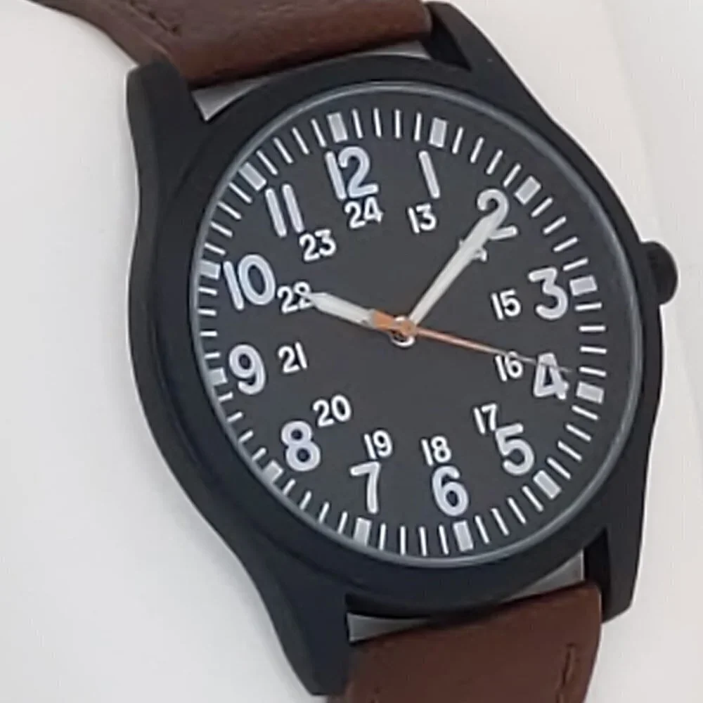 Men's Quartz Field Watch Black Case Brown Leather Strap 42mm